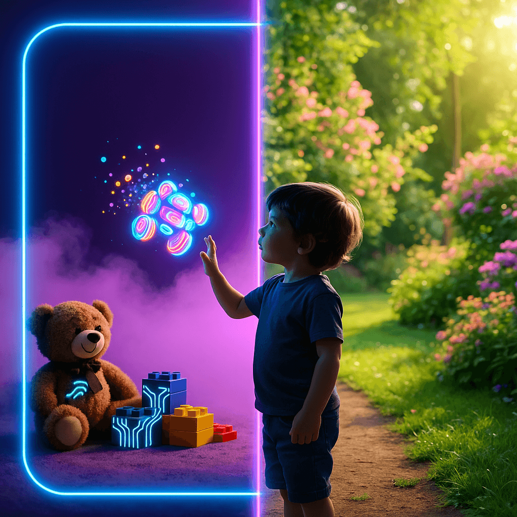 Image d'enfant qui joue avec un objet virtuel